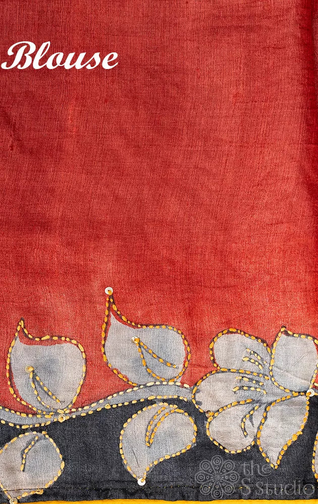 Black and Red hand painted pure tussar silk saree with kantha hand embroidery