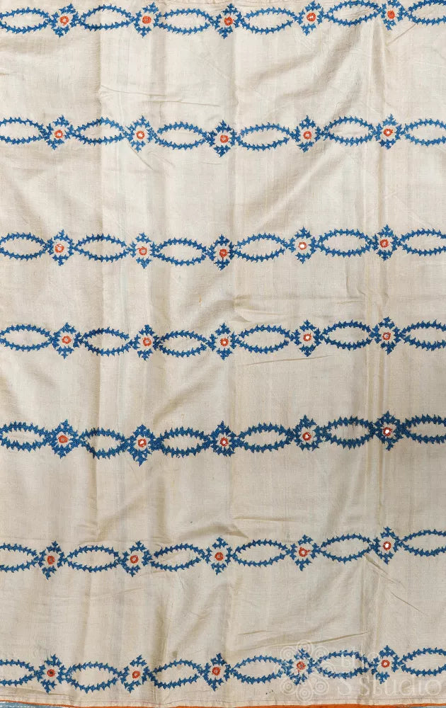Brown hand batik printed pure tussar silk saree with hand embroidered border