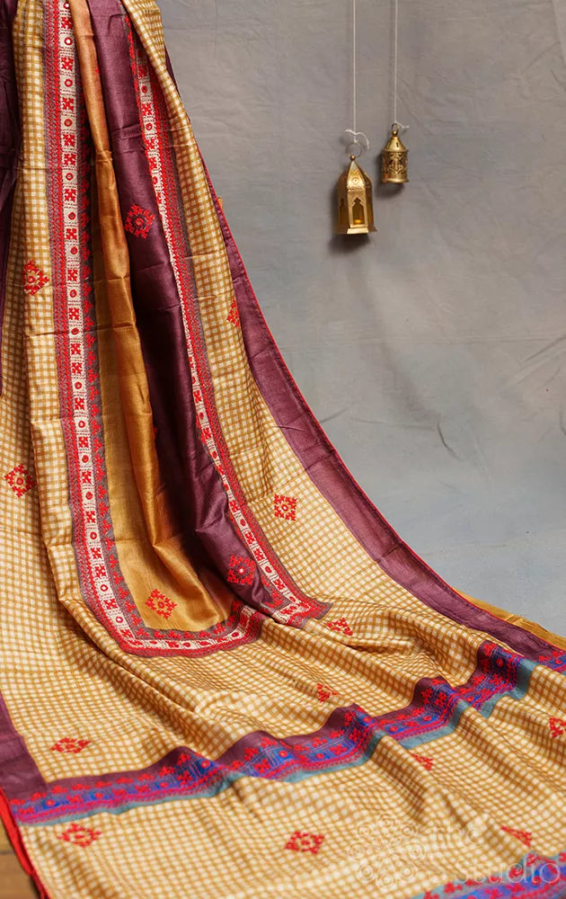 Mustard and Brown tussar silk saree with block prints & hand kutch embroidery