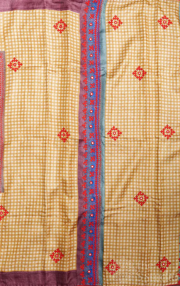 Mustard and Brown tussar silk saree with block prints & hand kutch embroidery