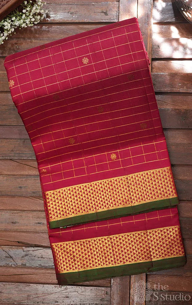 Maroon madisar kanchipuram silk saree for bride 