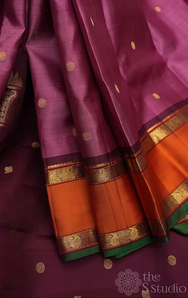 Pinkish lavender kanjivaram silk saree with rettaipet border