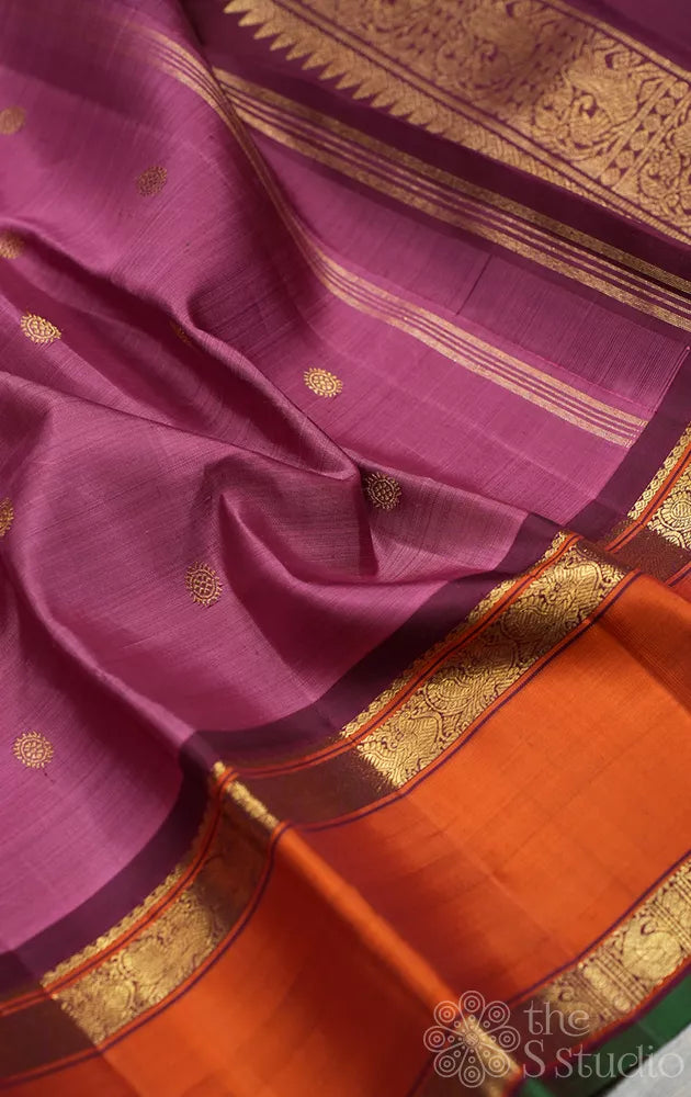 Pinkish lavender kanjivaram silk saree with rettaipet border