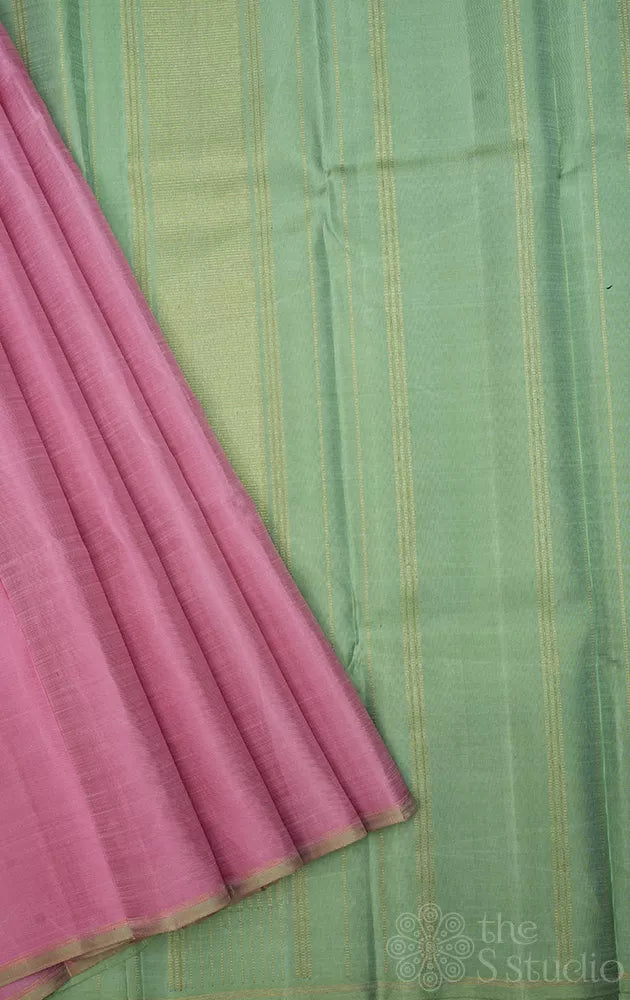 Onion pink plain kanchi silk saree with elachi green pallu