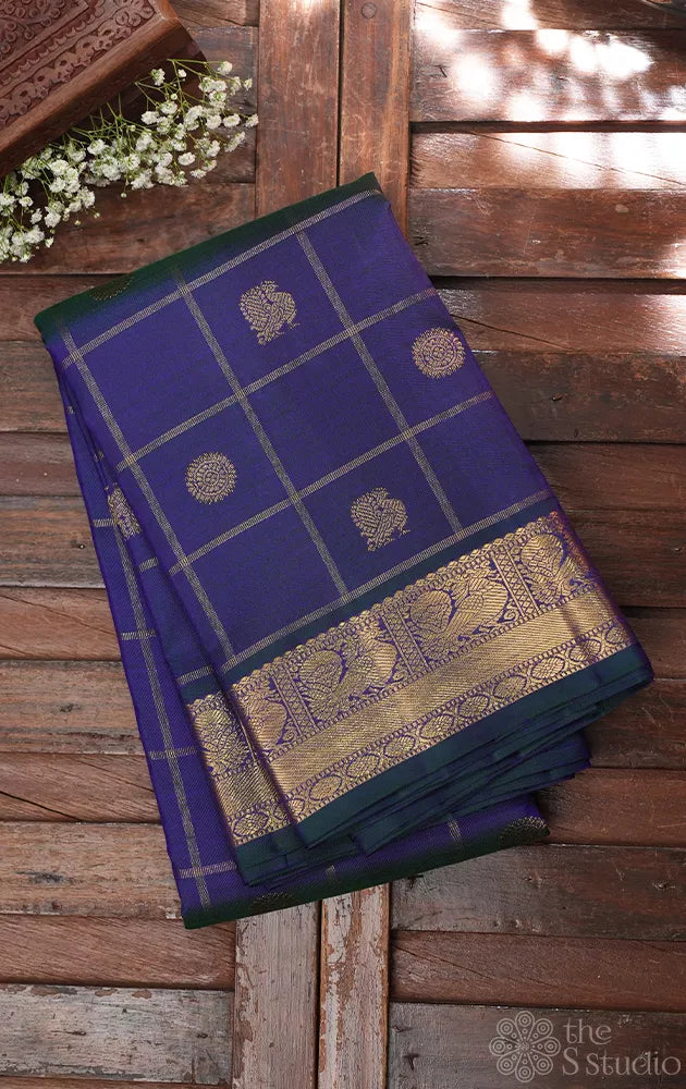 Peacock blue zari checked kanjivaram silk saree