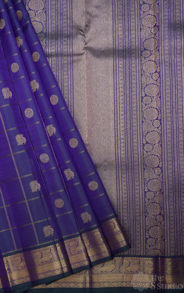Peacock blue zari checked kanjivaram silk saree