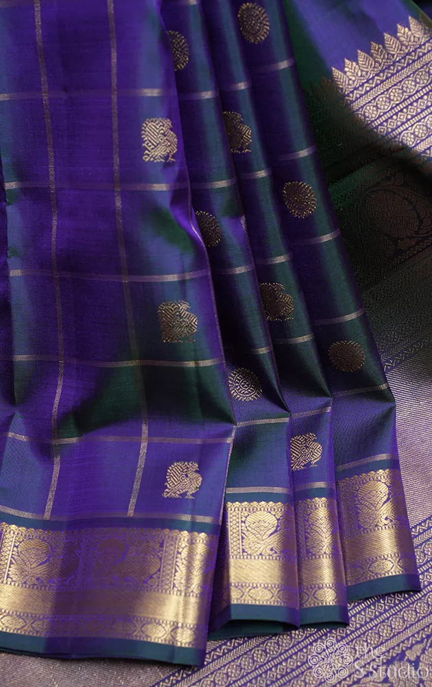 Peacock blue zari checked kanjivaram silk saree