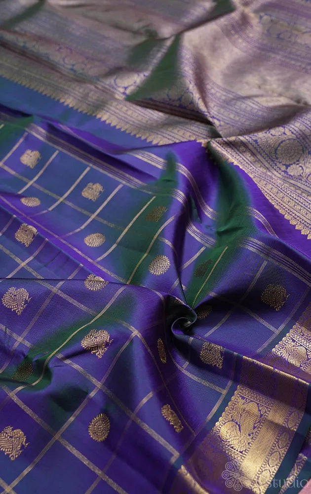 Peacock blue zari checked kanjivaram silk saree