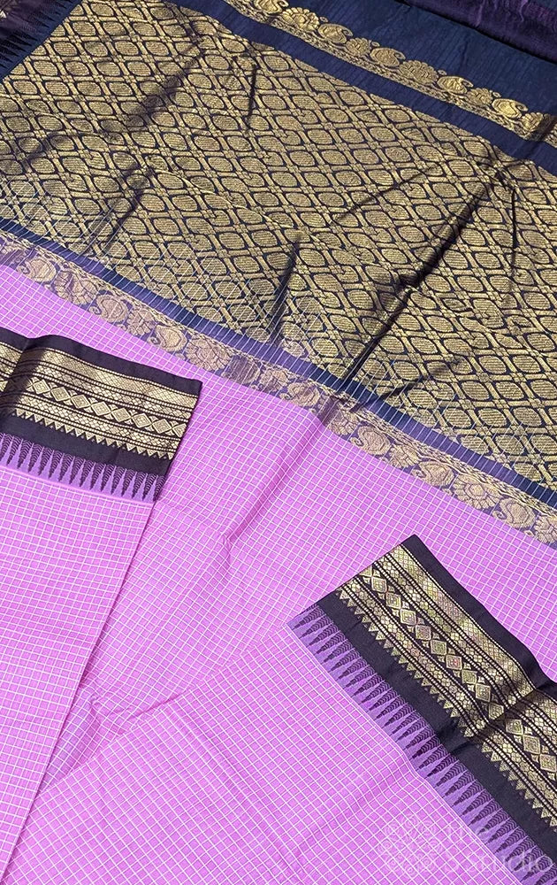 Light pink gadwal cotton saree with checks and brown border