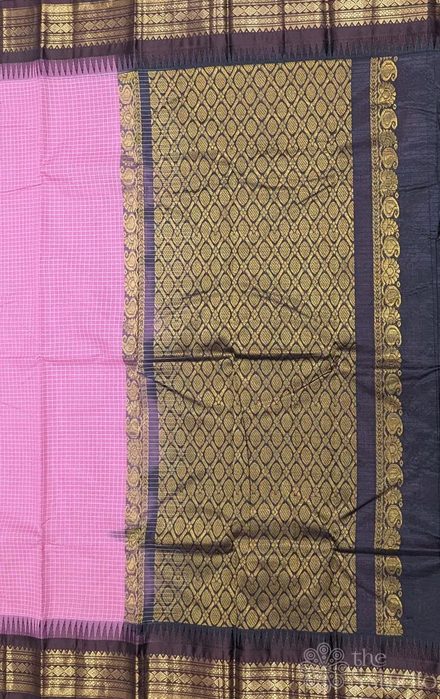 Light pink gadwal cotton saree with checks and brown border