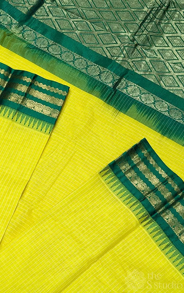Lemon yellow gadwal cotton saree with checks and green border