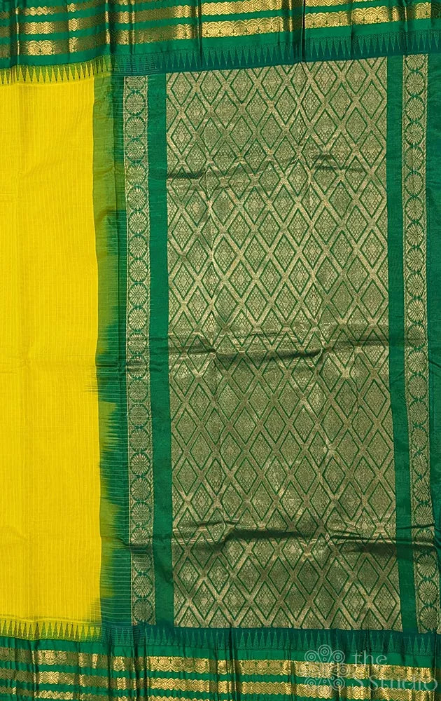 Lemon yellow gadwal cotton saree with checks and green border