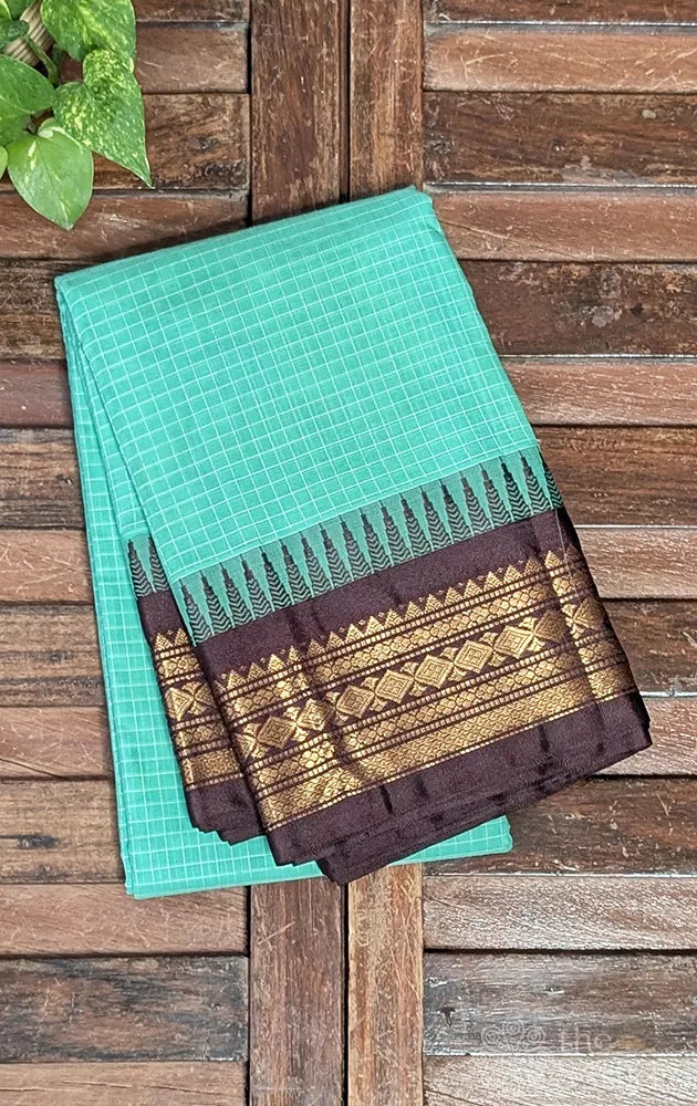 Rama blue gadwal cotton saree with checks and brown border