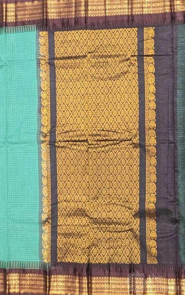 Rama blue gadwal cotton saree with checks and brown border
