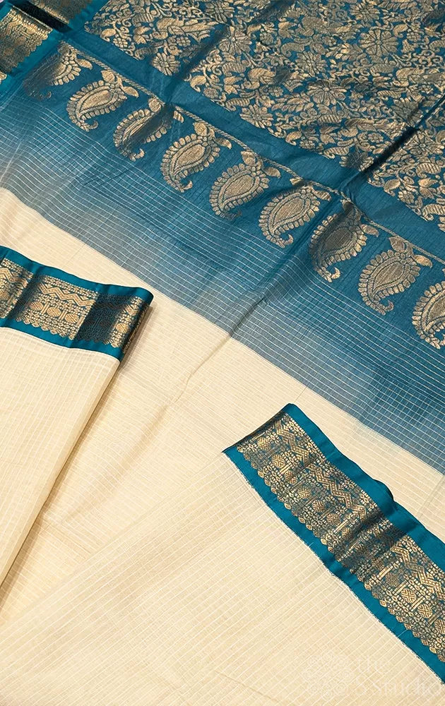 Cream gadwal cotton saree with checks and blue border
