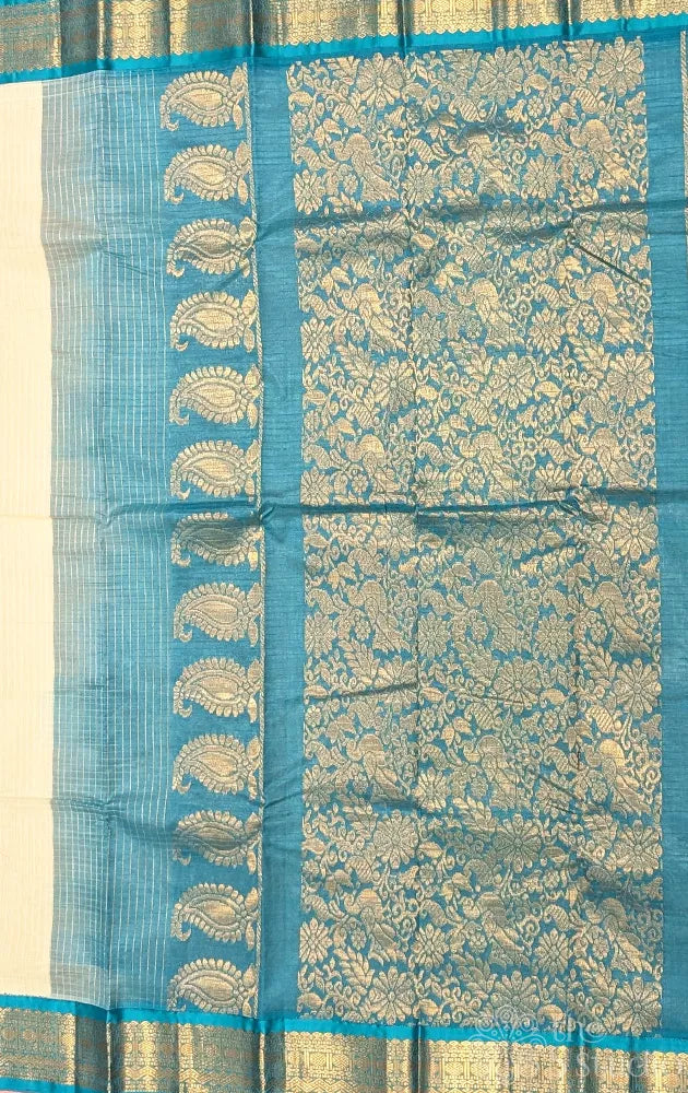 Cream gadwal cotton saree with checks and blue border