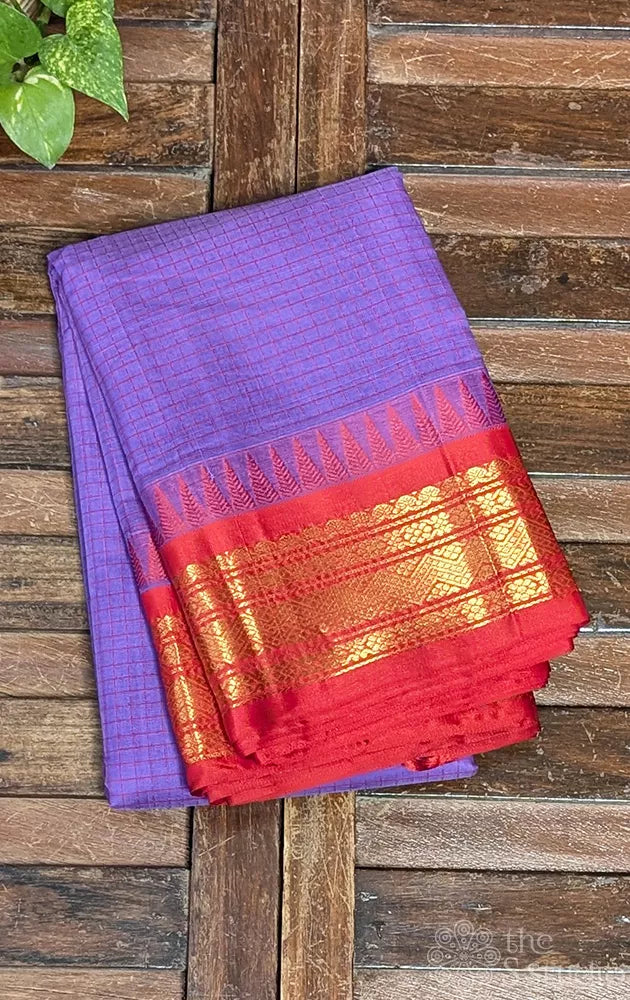 Light violet gadwal cotton saree with checks and red border