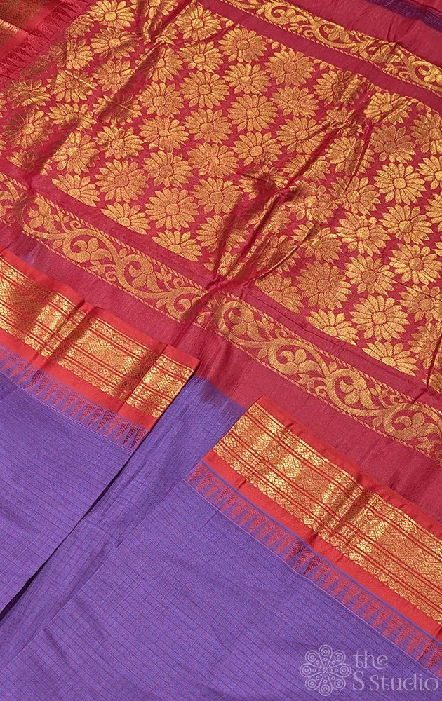 Light violet gadwal cotton saree with checks and red border