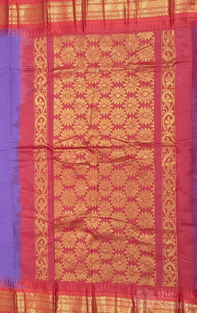 Light violet gadwal cotton saree with checks and red border