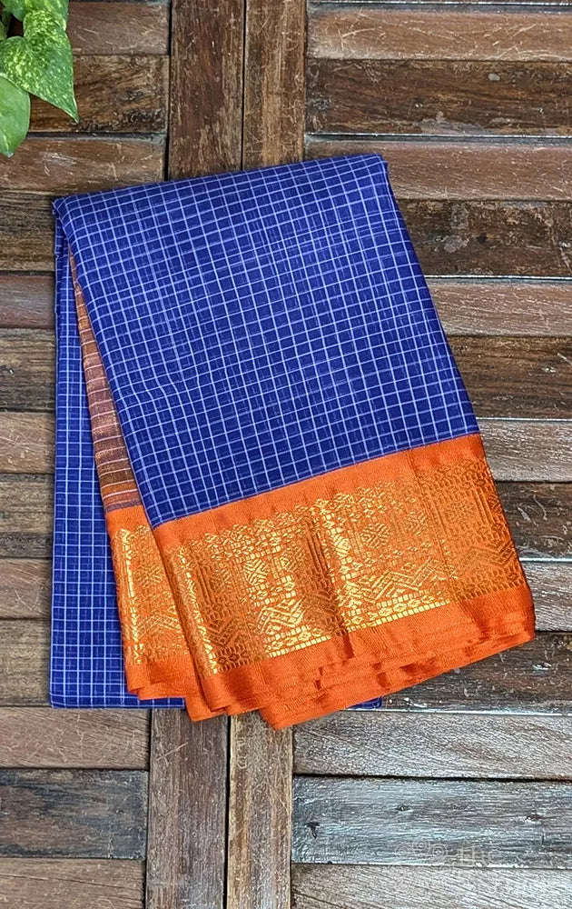 Navy blue gadwal cotton saree with checks and orange border