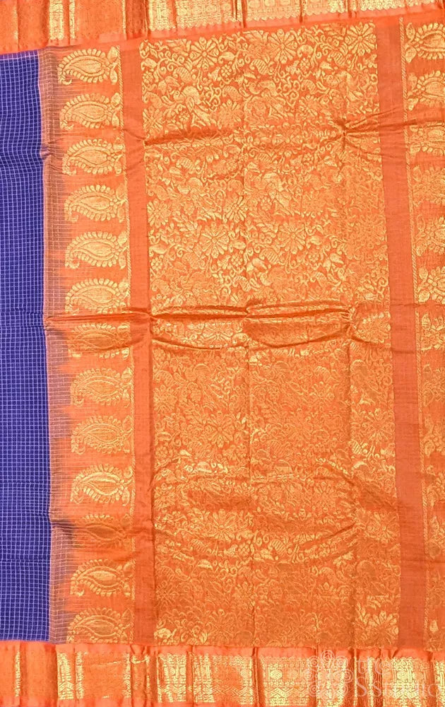 Navy blue gadwal cotton saree with checks and orange border