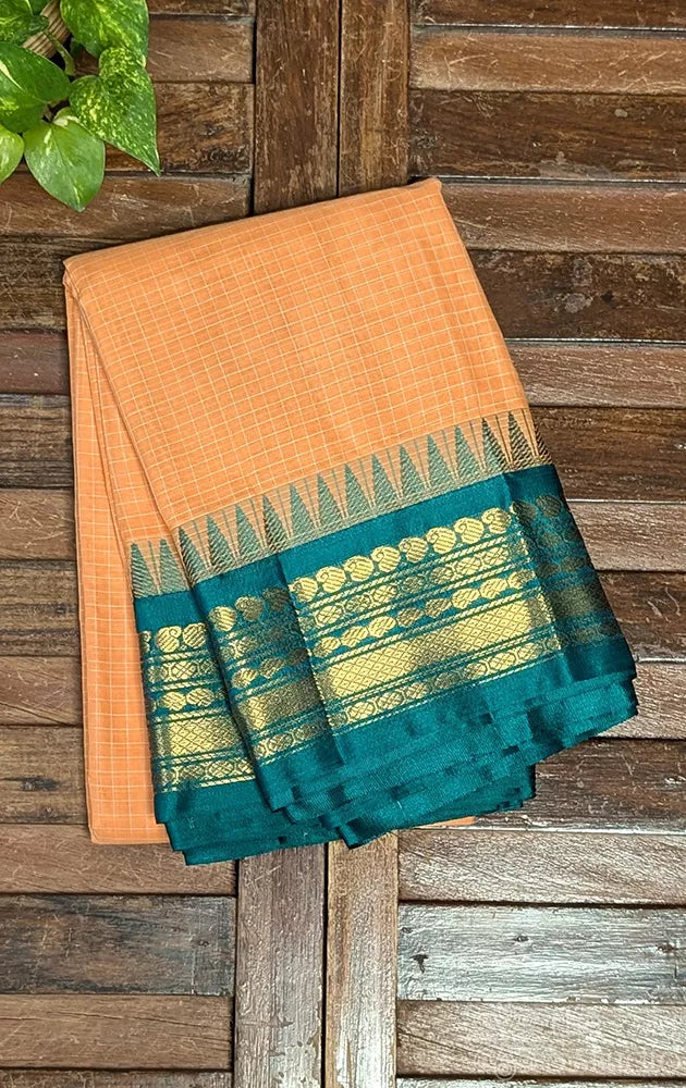 Light orange gadwal cotton saree with checks and teal green border
