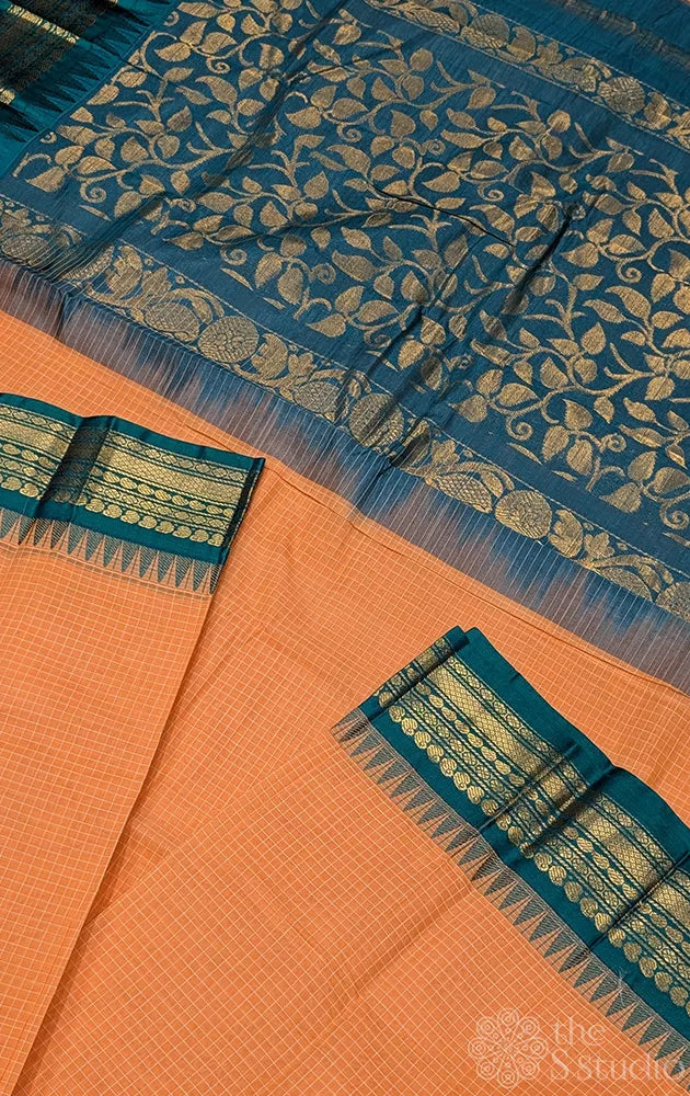 Light orange gadwal cotton saree with checks and teal green border