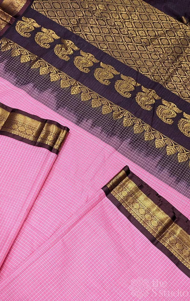 Pink gadwal cotton saree with checks and brown border