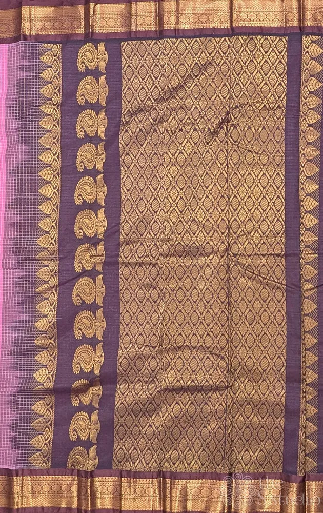 Pink gadwal cotton saree with checks and brown border