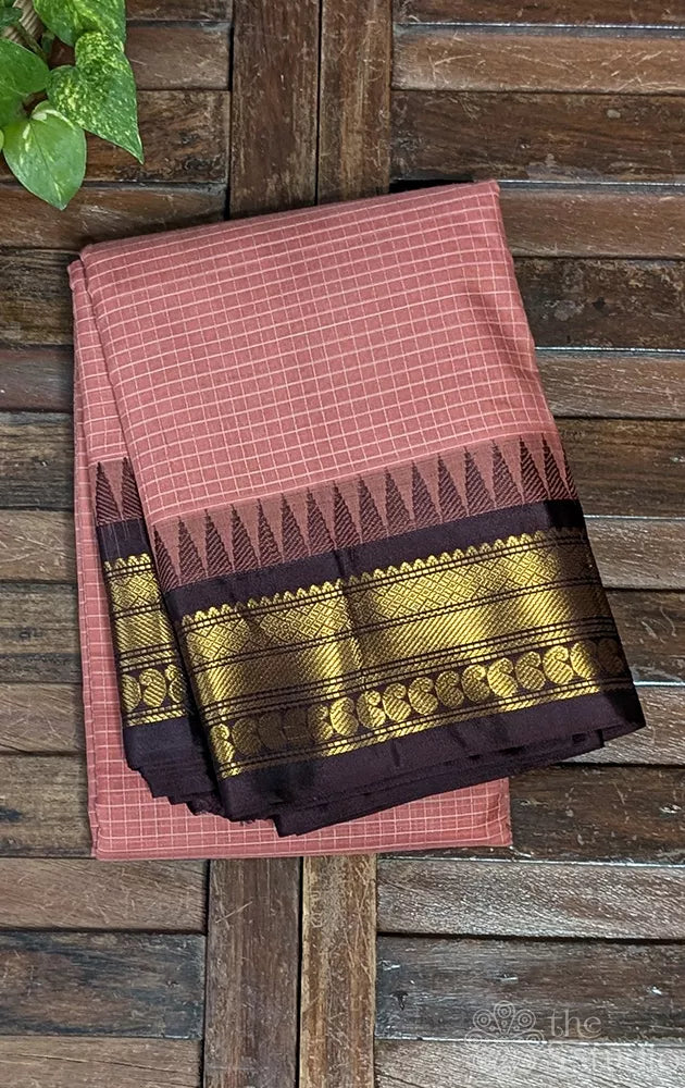 Cocoa brown gadwal cotton saree with checks and brown border