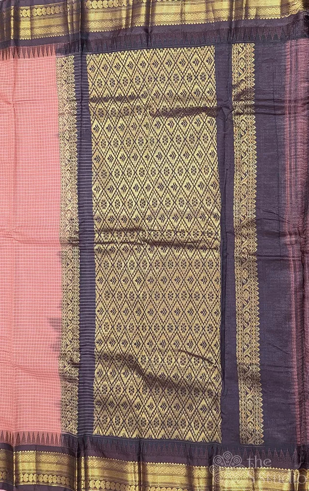 Cocoa brown gadwal cotton saree with checks and brown border