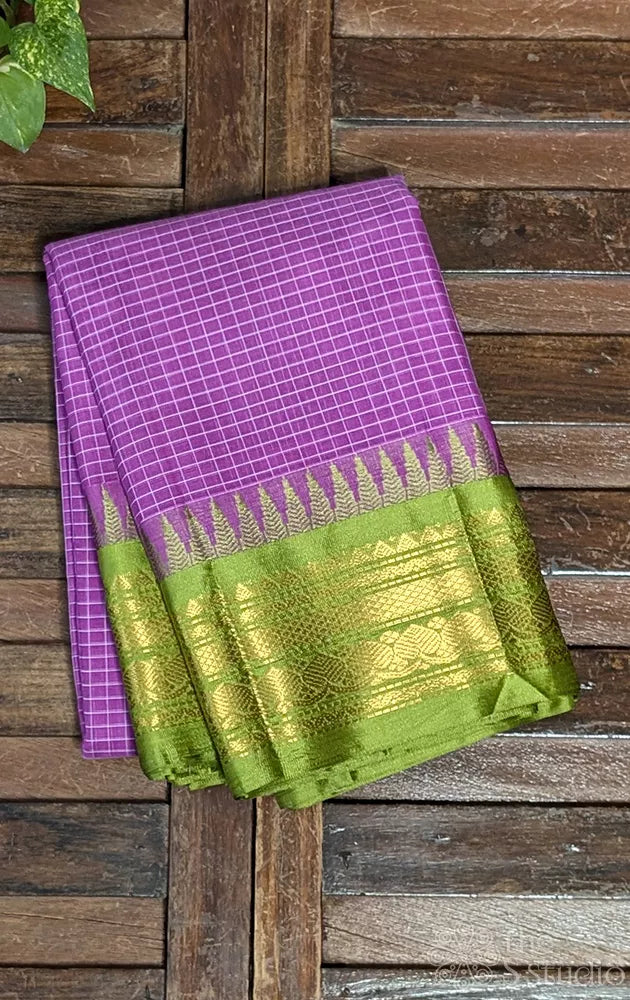 Light violet gadwal cotton saree with checks and light green border