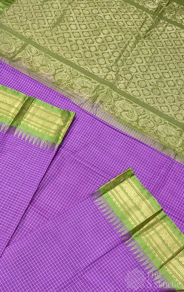 Light violet gadwal cotton saree with checks and light green border