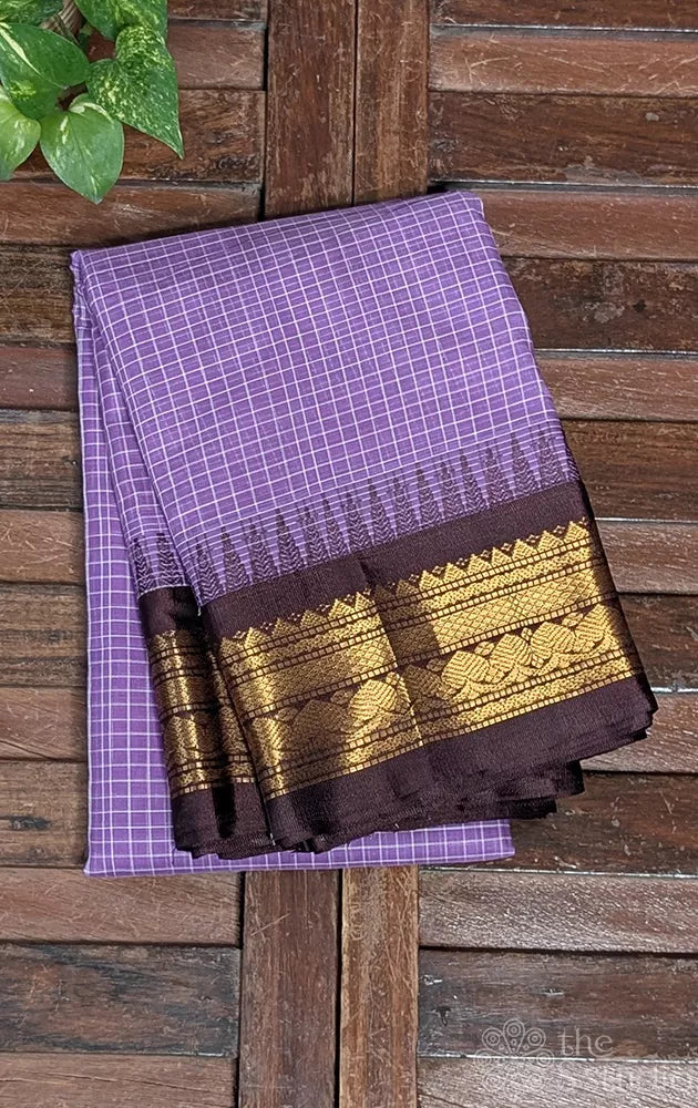 Lavender gadwal cotton saree with checks and brown border