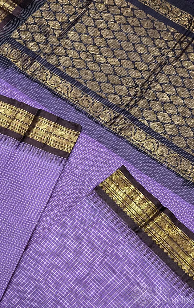 Lavender gadwal cotton saree with checks and brown border