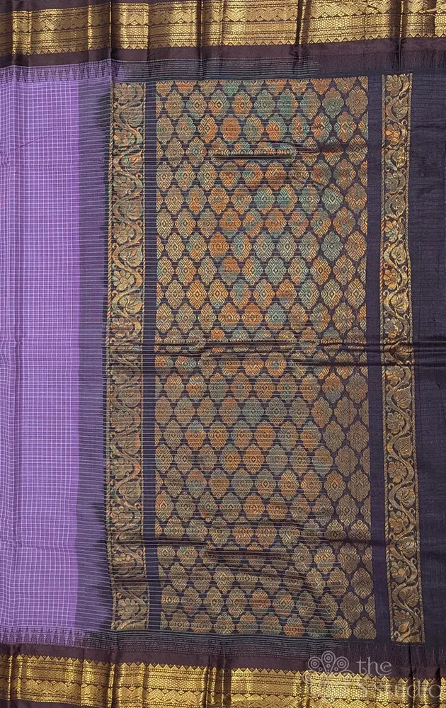Lavender gadwal cotton saree with checks and brown border