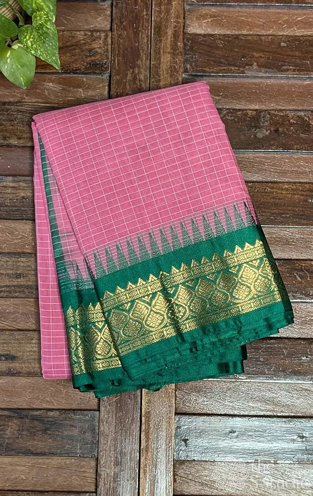 Rose gadwal cotton saree with checks and dark green border