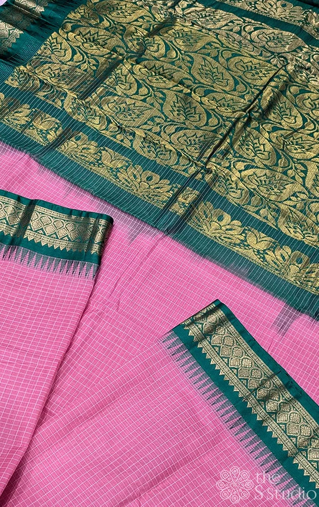 Rose gadwal cotton saree with checks and dark green border