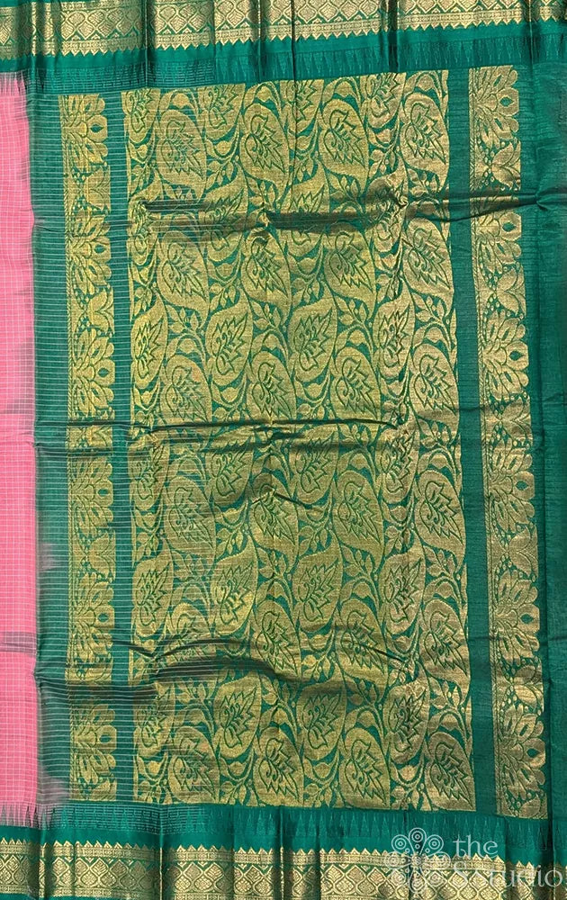 Rose gadwal cotton saree with checks and dark green border