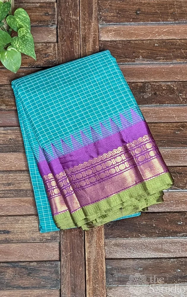 Rama blue gadwal cotton saree with checks and purple border