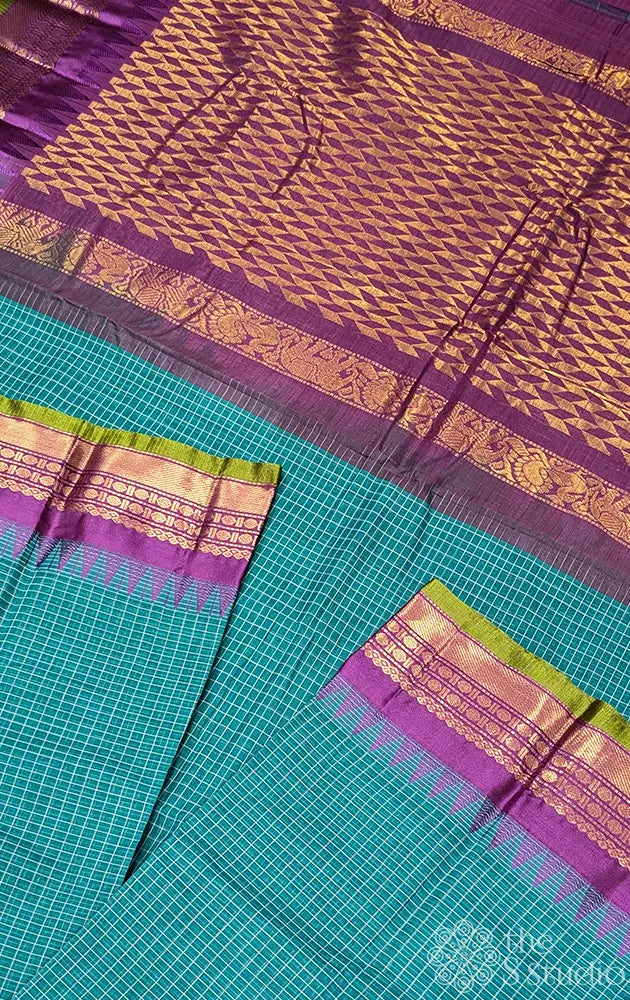 Rama blue gadwal cotton saree with checks and purple border