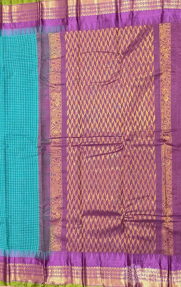 Rama blue gadwal cotton saree with checks and purple border