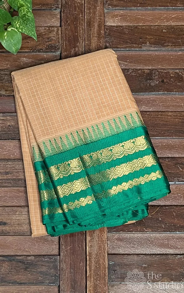 Beige gadwal cotton saree with checks and green border