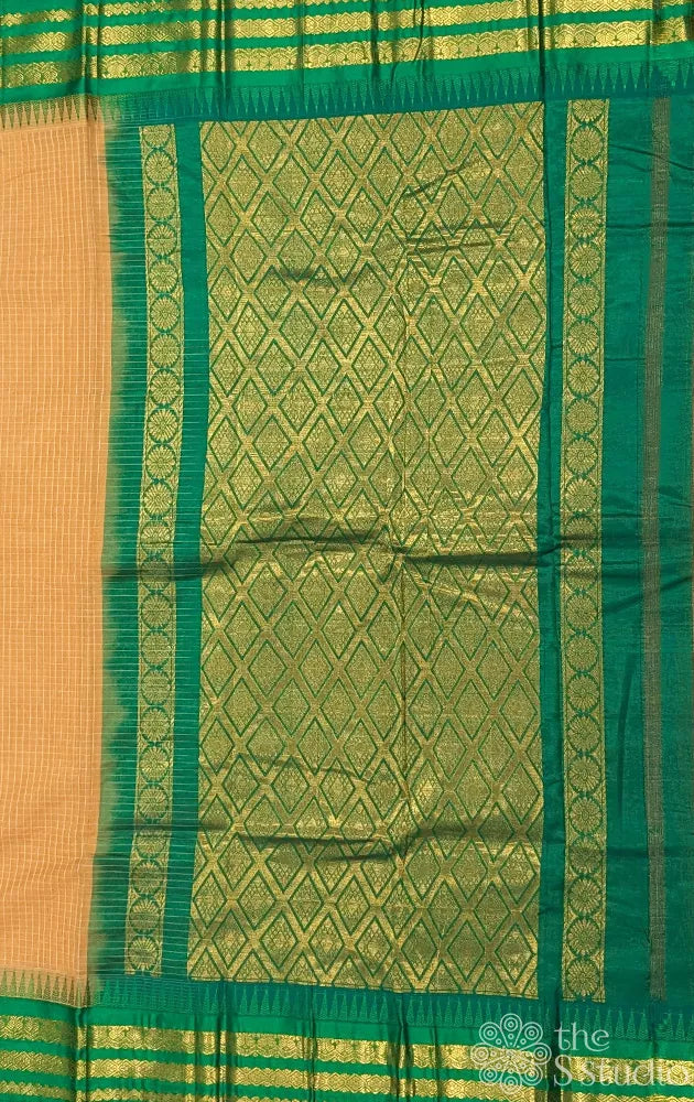 Beige gadwal cotton saree with checks and green border