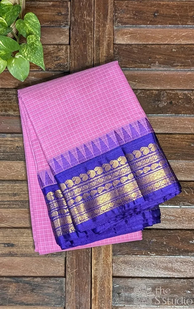 Pink gadwal cotton saree with checks and violet border