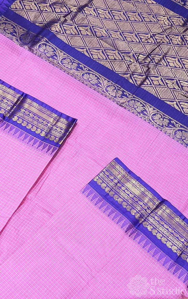 Pink gadwal cotton saree with checks and violet border