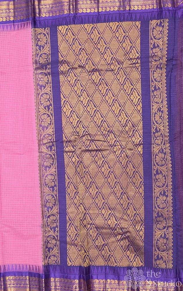 Pink gadwal cotton saree with checks and violet border