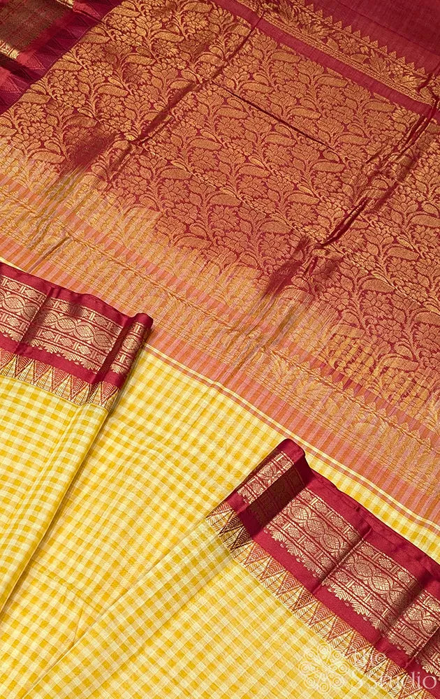 Mustard & yellow gadwal cotton saree with checks and red border