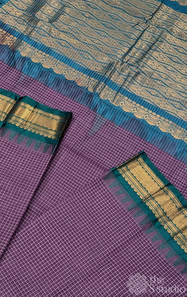 Dark violet gadwal cotton saree with checks and teal green border