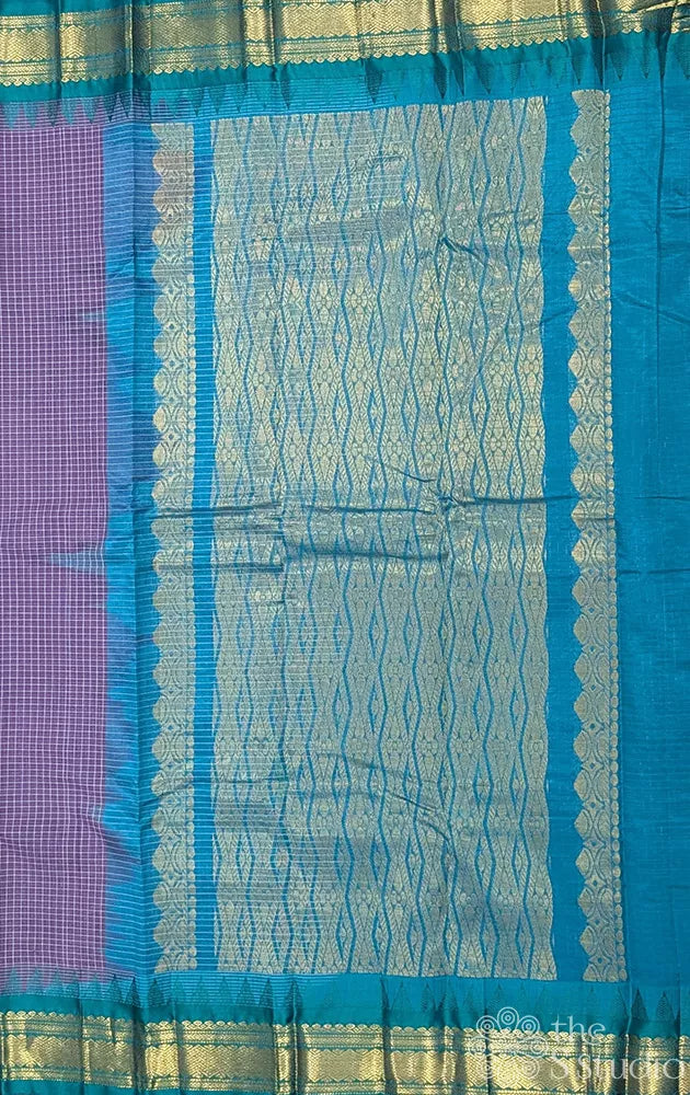 Dark violet gadwal cotton saree with checks and teal green border